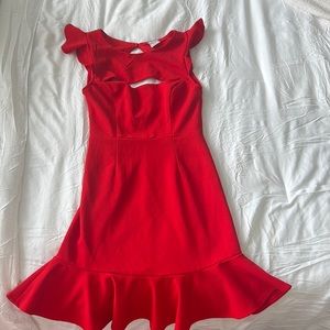 Red mini dress with high neckline and cut out in chest area.
